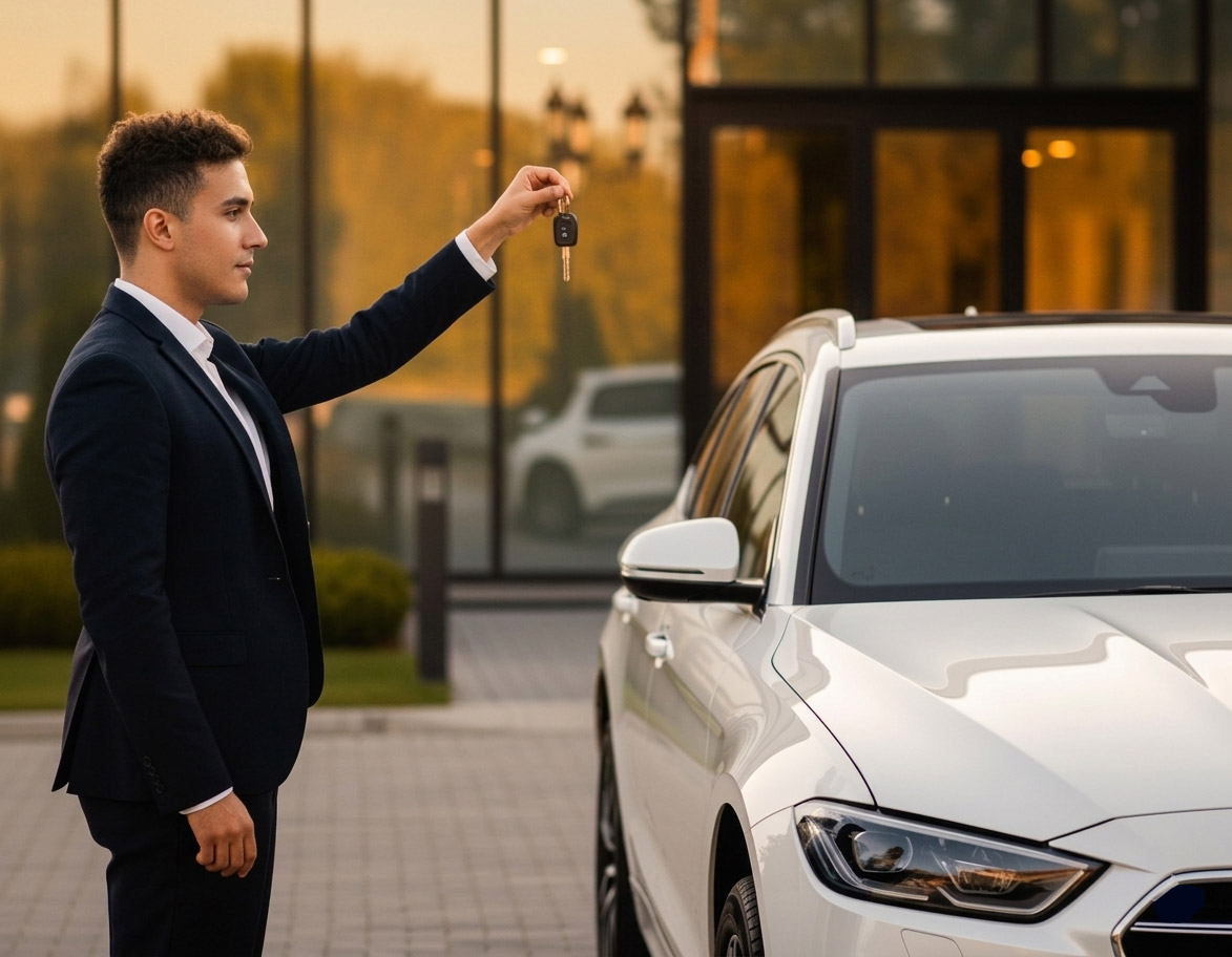 Man holding car keys next to white car